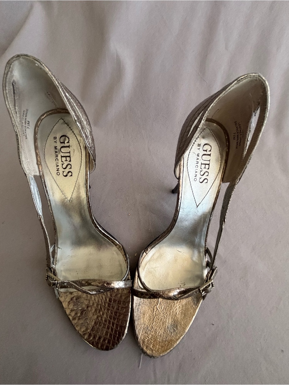Guess by Marciano Metallic Silver Snake-Embossed Open-Toe Heels